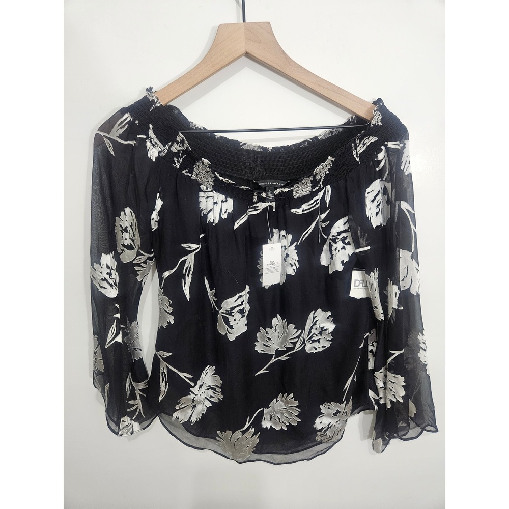 White House Black Market Silk Burnout Floral Off Shoulder Blouse Black Silver S